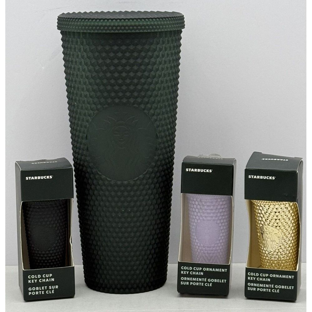 STARBUCKS SET 2022 DK Green Jelly Studded Tumbler‎ w/3 NIB Mini Studded Keychain